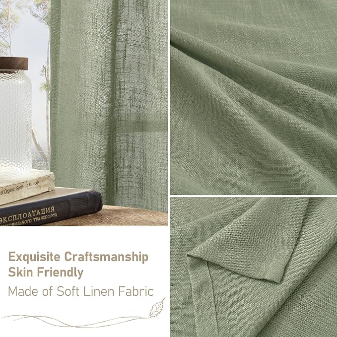 LAMIT Sage Green Linen Curtains for Living Room 108 inch Length 2 Panels, Light Filtering Semi Sheer Panels Back Tab and Rod Pocket Panels for Bedroom/Sliding Glass Door, 52 x 108 Inch
