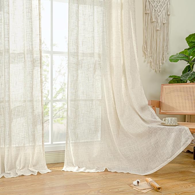 LAMIT Short Linen Curtains 36 Inch Length for Half Window, Cream Ivory Semi Sheer Light Filtering Panels Back Tab and Rod Pocket Drapes for Basement/Kitchen, 2 Panels, 25 x 36 Inch