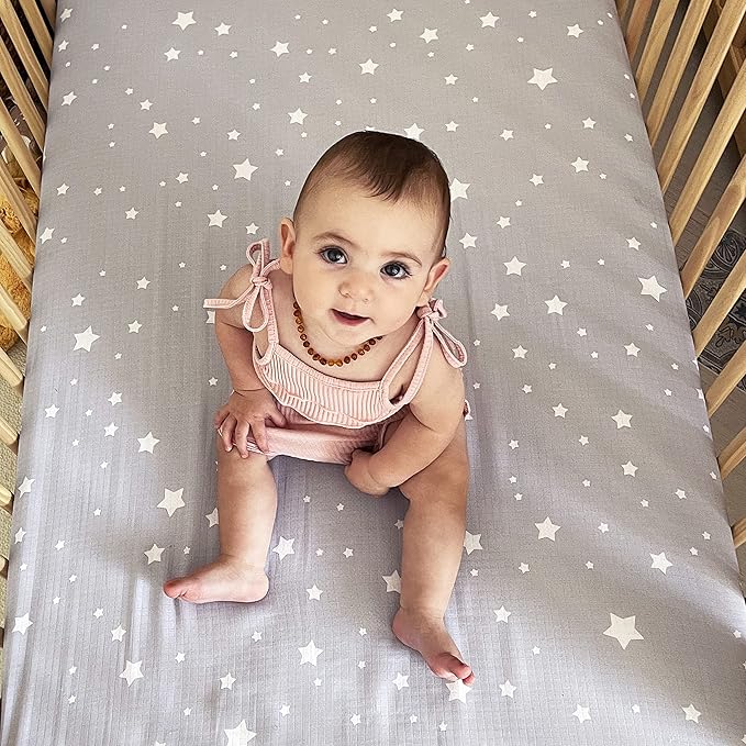 Newton Baby Fitted Mini Crib Sheets (2-Pack) | Organic Muslin Cotton, Breathable & Soft Baby Sheets, Washable Baby Mattress Sheets, Fits Any Mini Sized Crib 24" x 38", Stardust Twilight Grey + White