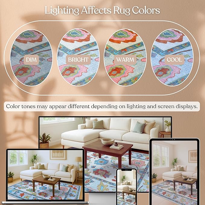 Fame Living Colorful Oushak Rug, Modern, Vintage, Turkish, Eclectic, Floral, Pastel, Washable, Area Rugs for Living Room, Dining, Bedroom, Office, Entryway, Foyer, Playroom, Nursery, 5'x6'9"