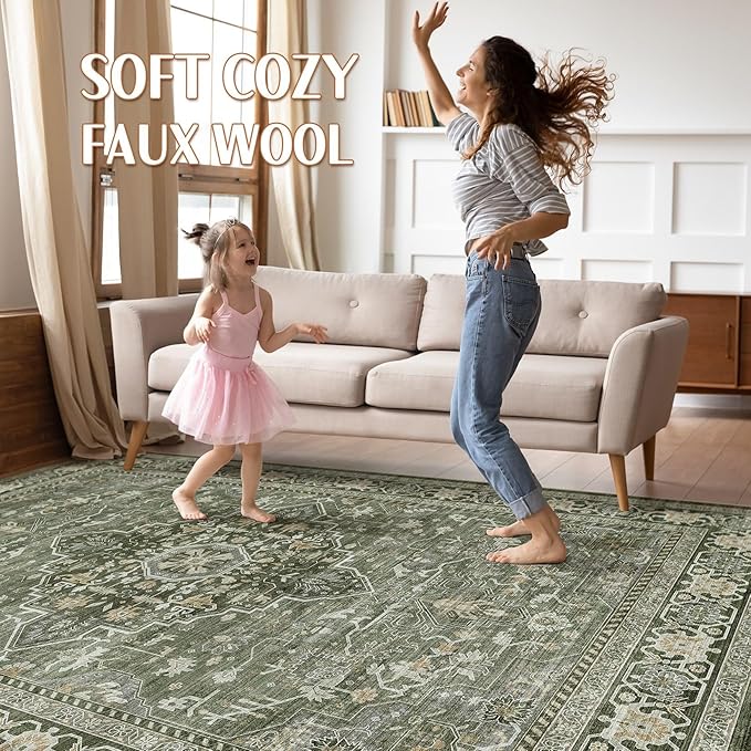 8x10 Area Rugs Living Room: Washable Boho Large Neutral Vintage Soft Rug Stain Resistant Farmhouse Non-Slip Indoor Floor Carpet for Bedroom Nursery Kids Playroom Office Dining Room Home- Dark Green