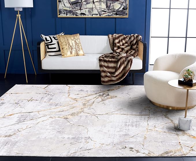 SAFAVIEH Amelia Collection X-Large Area Rug - 12' x 18', Grey & Gold, Modern Abstract Design, Non-Shedding & Easy Care, Ideal for High Traffic Areas in Living Room, Bedroom (ALA293G)