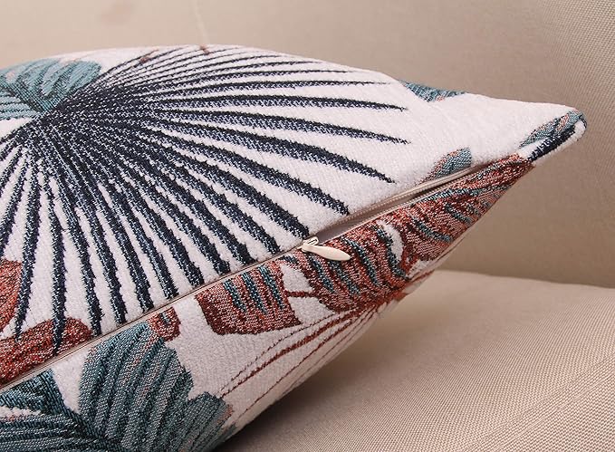 Yeiotsy Throw Pillow Cover, Tropical Leaf Decorative Cushion Case Thick Jacquard Chenille (Teal & Red, 18 x 18 Inches)