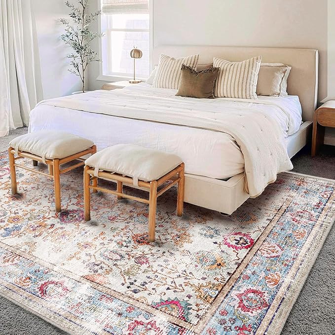 Washable Area Rug 8'x10' Vintage Traditional Mat Distressed Indoor Foldable Accent Thin Rug Retro Floral Non Slip Carpet Living Room Dining Room Office