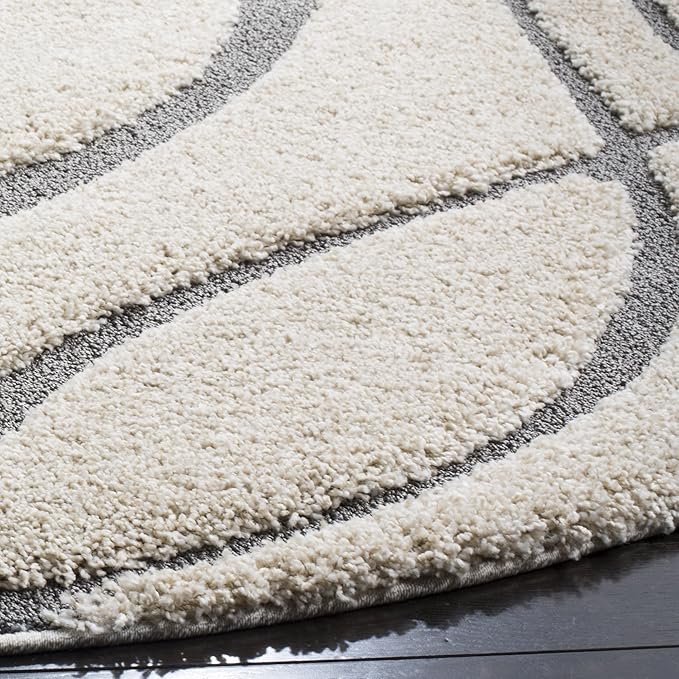SAFAVIEH Florida Shag Collection 8' Round Cream/Grey SG471 Abstract Wave Non-Shedding Living Room Bedroom 1.2-inch Thick Area Rug