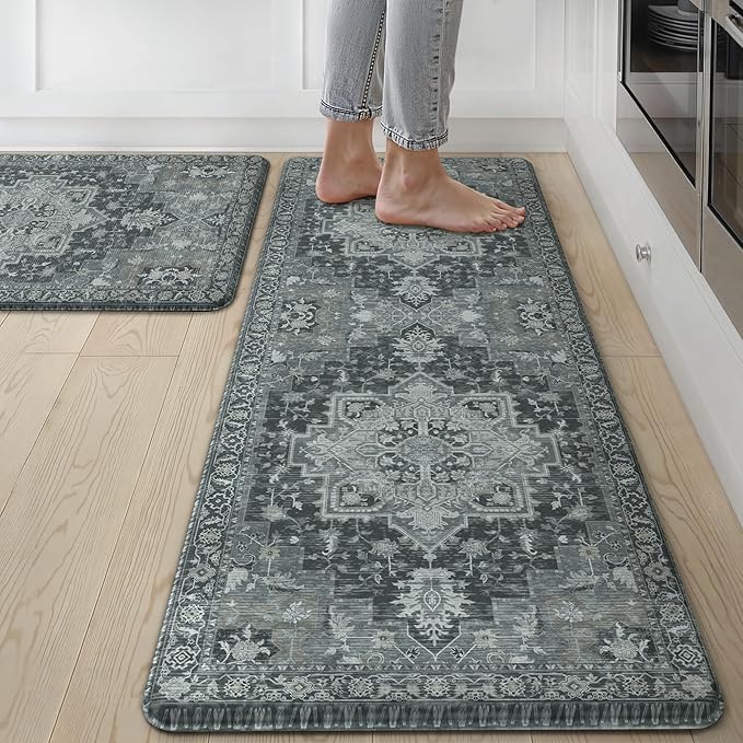 GENIMO Kitchen Mats for Floor 2PCs, Washable Anti Fatigue Mat for Cushioned, 17.3"x47"+17.3"x30", Waterproof Kitchen Rugs, Non Slip Comfort Standing Mat Rug for Home, Sink, Laundry, Dark Gray