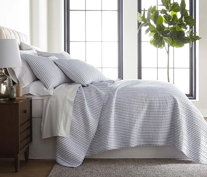 Levtex Home Tobago Stripe Blue Reversible Full/Queen Quilt Set (88x92in) and 2 Pillow Shams (26x20in) - Striped - Blue, White - Cotton Full/Queen Size Quilt Bedding Set - Lightweight, Soft, Pre-Washed