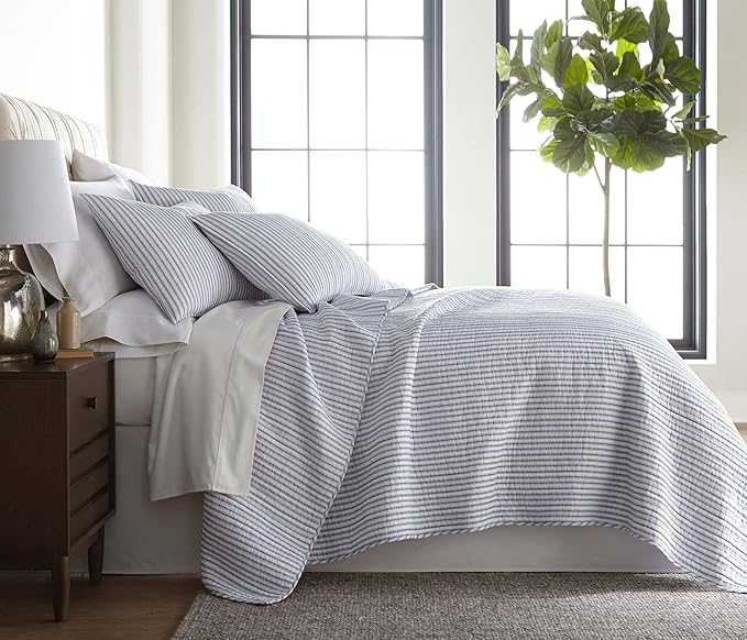 Levtex Home Tobago Stripe Blue Reversible King/Cal King Quilt Set (106x92in) and 2 Pillow Shams (36x20in) - Striped - Blue, White - Cotton King Size Quilt Bedding Set - Lightweight, Soft, Pre-Washed