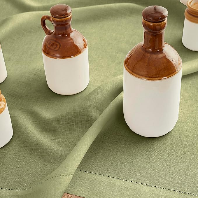 Solino Home Linen Moss Green Table Runner 90 Inches Long - 100% Pure Linen Hemstitch 14 x 90 Inch Table Runner for Dining, Winter - Classic Hemstitch