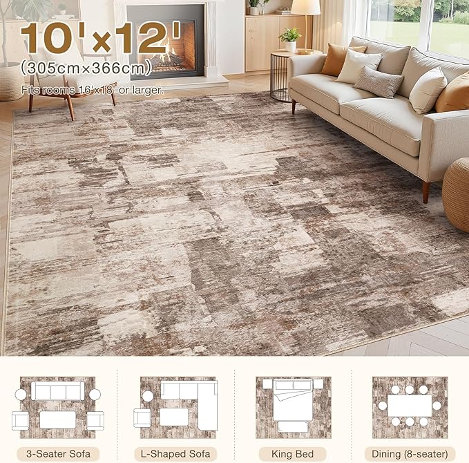 Abstract Living Room Rug 10x12 - Modern Washable Soft Thin Area Rug for Living Room Bedroom Under Dining Table - Neutral Indoor Floor Rug Carpets for Home Office Playroom Nursery - Brown