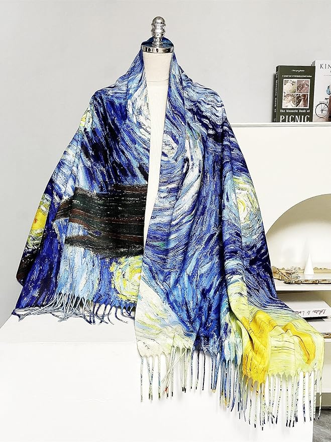 VENVSBEE Reversible Scarf Soft Large Shawl Wrap Blanket Double Sided Art Print Warm Pashmina Stoles Klimt Van Gogh Gifts