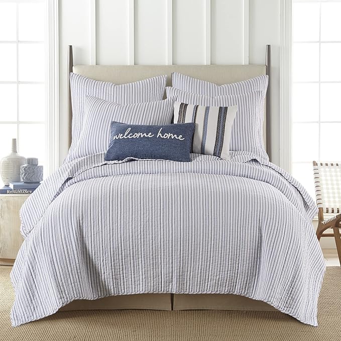 Levtex Home Tobago Stripe Blue Reversible Twin XL/Twin Quilt Set (68x86in) with 1 Pillow Sham (26x20in) - Striped - Blue, White - Cotton Twin Size Quilt Bedding Set - Lightweight, Soft, Pre-Washed
