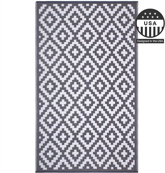 FH Home Outdoor Rug - Waterproof, Fade Resistant, Reversible - Premium Recycled Plastic - Geometric - Large Patio, Deck, Sunroom, Camping, RV - Aztec - Gray & White Crease Free - 6 x 9 ft