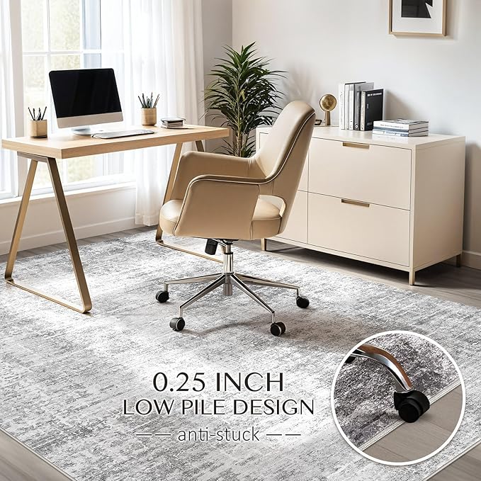 Abstract Living Room Rug 8x10 - Modern Washable Soft Thin Area Rug for Living Room Bedroom Under Dining Table - Neutral Indoor Floor Rug Carpets for Home Office Playroom Nursery - Grey White