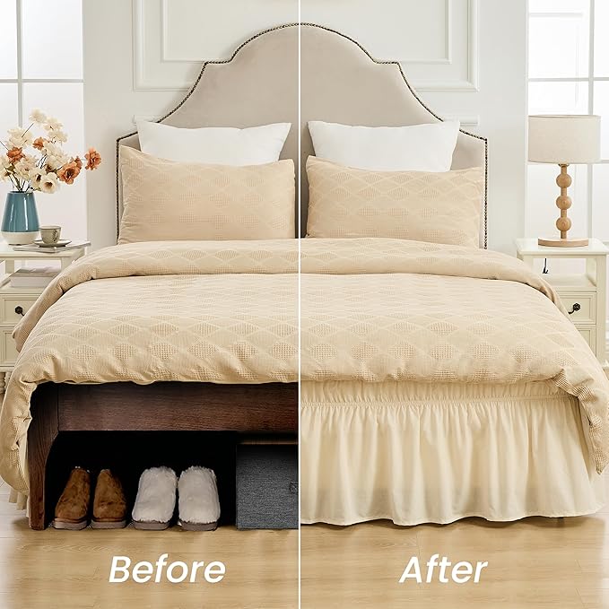 BISELINA Wrap Around Bed Skirts 17" Drop, Cotton Adjustable Elastic Dust Ruffles Easy Fit Wrinkle & Fade Resistant Soft Cozy Elegant Luxurious Bedding - Beige, Queen Size