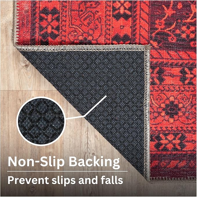Bloom Rugs Washable Non-Slip 3' x 5' Rug - Red Traditional Bordered Area Rug for Living Room, Bedroom, Dining Room, and Kitchen - Exact Size: 3' x 5'