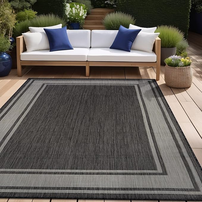 Beverly Rug Large Outdoor Rug 10x14 Modern Bordered Area Rugs for Indoor and Outdoor Patio Deck Porch Garden Waterproof Weather Sun Resistant Washable Outside Carpet (10 x 14 Dark Gray)