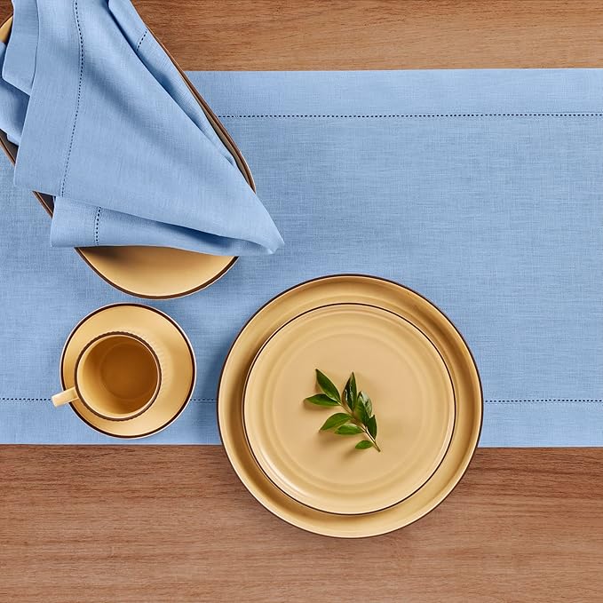 Solino Home Linen Cornflower Blue Table Runner 120 Inches Long - 100% Pure Linen Hemstitch 14 x 120 Inch Table Runner for Dining, Christmas, Holiday, New Year - Classic Hemstitch