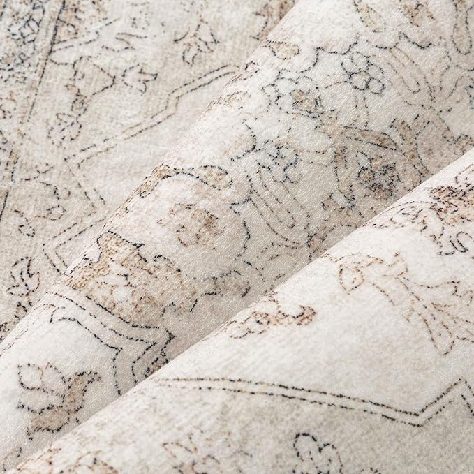 Beige Area Rug 10x14 Washable Living Room Carpet Vintage Non Slip Soft Bedroom Indoor Office Retro Low Pile Thin Oriental Medallion Large Rug for Dining Room Bathroom Playroom