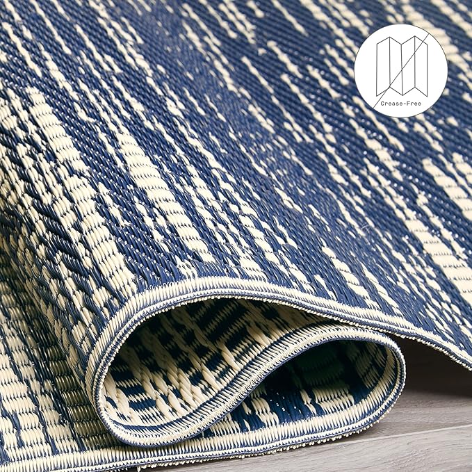 Fab Habitat Outdoor Rug - Waterproof, Fade Resistant, Crease-Free - Premium Recycled Plastic - Distressed Abstract - Porch, Deck, Balcony, Mudroom, Laundry Room, Patio - Brooklyn - Blue - 3 x 5 ft