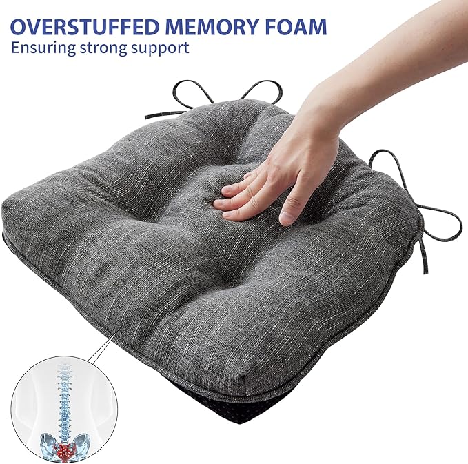 Chair Cushions for Dining Chairs Set of 4, Kitchen Chair Cushions, Chair Pads with Ties and Non Slip Backing, Tufted Memory Foam Seat Cushion 4 Pack, 18" x 18" x 4", Dark Gray