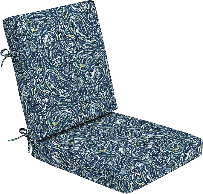 Arden Foam Outdoor Dining Chair Cushion, 20 x 20, Made with ProFoam, Rain-Proof, Fade Resistant, Sapphire Blue Ridge Paisley