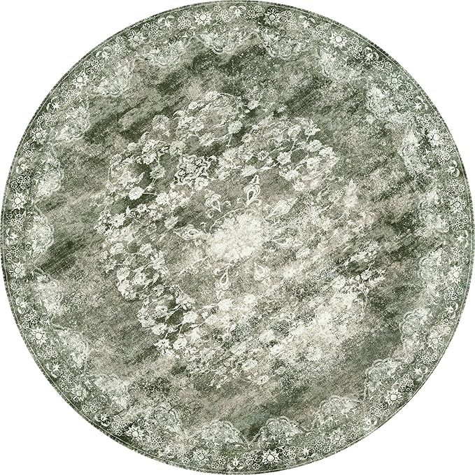 jinchan Round Rug 5ft Area Rug - Green Vintage Floor Mat Kitchen Indoor - Washable Circle 5' Thin Floral Print Christmas Carpet Retro Farmhouse Non Slip Dining Room Living Room Bedroom Office