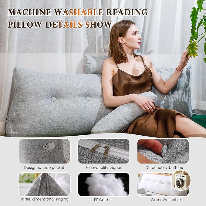 Headboard Pillow King Size, Triangular Wedge Backrest with Removable Head Roll & Side Pocket, 100% Linen Reading Pillow for Bed, Couch, Floor - Ergonomic Support for Neck, Back,Grey
