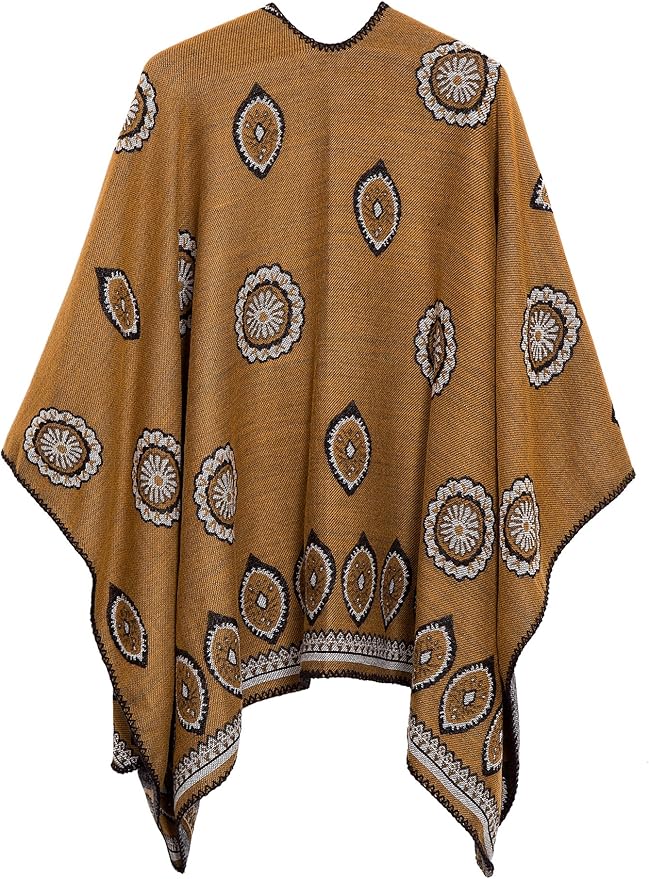 Women's Vintage Pattern Open Front Poncho Cape Shawl Winter Shawl Wraps