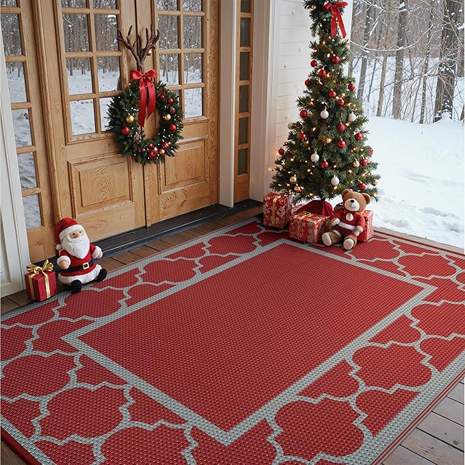 GENIMO 6' x 9' Outdoor Rug Waterproof for Patio Christmas Decor, Foldable Reversible Plastic Straw Area Rugs Mat for Camper, Outside Carpet for Rv, Deck, Porch, Picnic, Beach, Balcony, Red & Grey