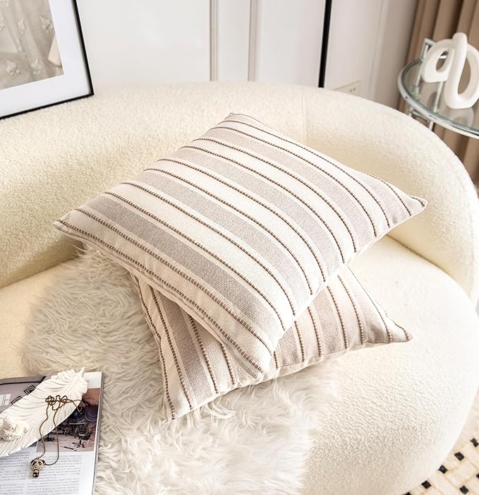 Decorative Boho Throw Pillow Covers, Farmhouse Textured Pillow Case, 20 x 20 Inch Set of 2, Chair Sofa Bedroom Living Room Home Decor Couch Cushion Case, Taupe and Beige Striped