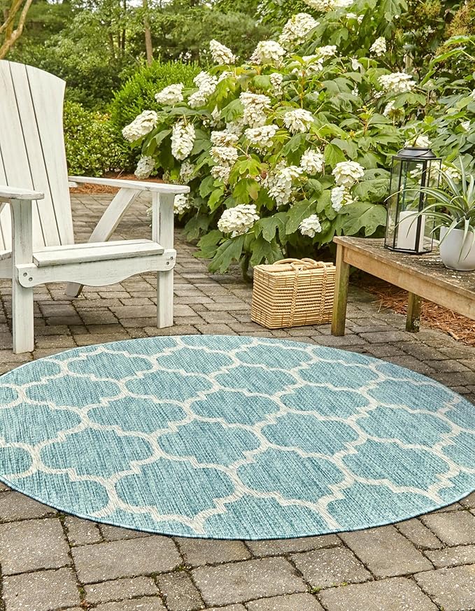 Unique Loom Outdoor Trellis Collection Area Rug (7' 10" Round, Aquamarine/ Gray)