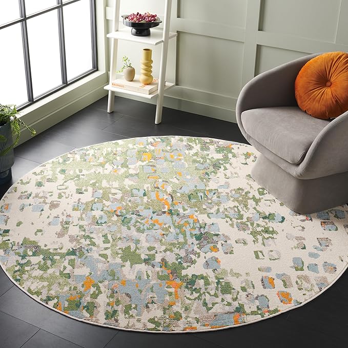 SAFAVIEH Monaco Collection Area Rug - 6'7" Round, Green & Rust, Geometric Design, Slip Resistant, Ideal for High Traffic Areas in Living Room, Bedroom & Dining Room (MNC225W-7R)