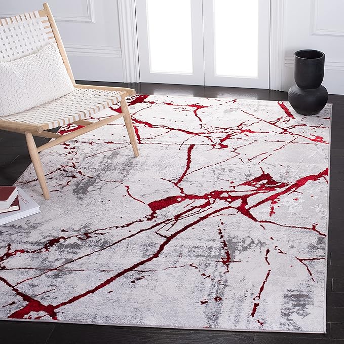 SAFAVIEH Amelia Collection Accent Rug - 4'5" x 6'5", Grey & Red, Modern Abstract Design, Non-Shedding & Easy Care, Ideal for High Traffic Areas in Entryway, Living Room, Bedroom (ALA293L)