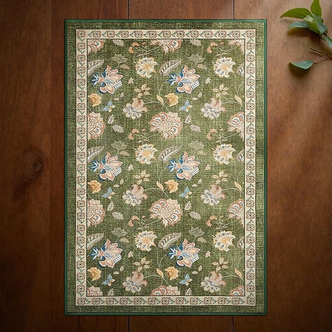 jinchan Elora 2x3 Floral Rug for Entryway Washable Rug Vintage Romance Design Christmas Small Mat Non Slip Indoor Doormat Lightweight Low-Profile Throw Carpet for Entrance Bathroom Laundry, Green