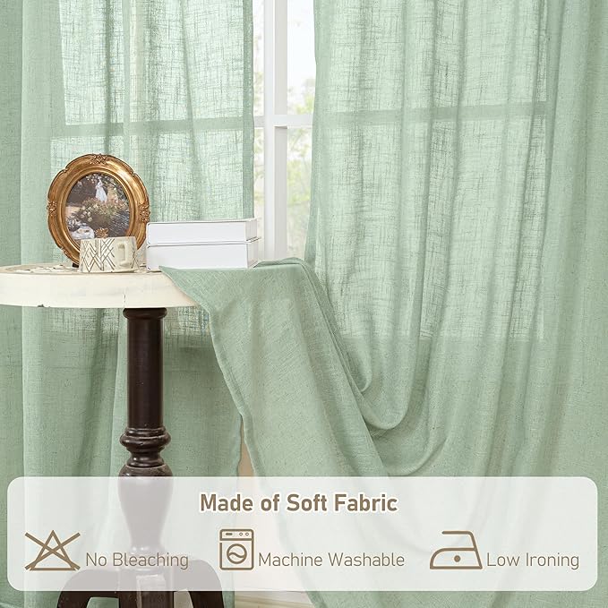 LAMIT Linen Curtains 90 Inch for Living Room, Back Tab and Rod Pocket Linen Textured Farmhouse Curtains Light Filtering Drapes for Bedroom/Dining Room, Fresh Green, Set of 2, 52 x 90 Inch