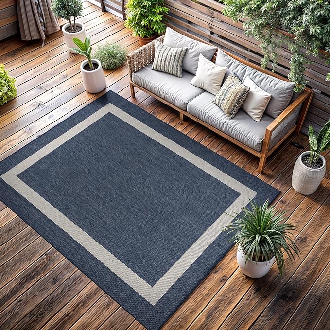 CAMILSON Outdoor Rug 10x14, Large Modern Outside Rugs for Patios Porches Waterproof Durable Washable Non-Shedding, Easy-to-Clean Indoor Outdoor Area Carpet (10 x 14, Bordered - Blue/White)