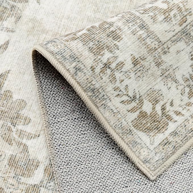 6x9 Area Rug Beige Washable Vintage Distressed Living Room Carpet Large Bedroom Indoor Medallion Floral Non Slip Retro Throw Floor Mat for Office Dining Room Kitchen Bathroom