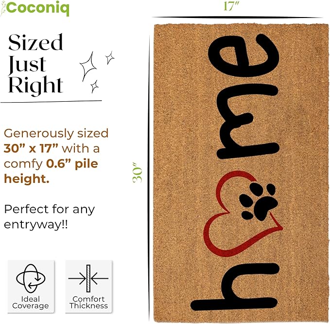 Coir Door Mats 17" X 30", Non-Slip Sturdy, PVC Backed Heavy Duty, Easy to Clean, Ideal for Door Entrance, Patio, Porch, Backyard, Garages, Home with The Love of Paws
