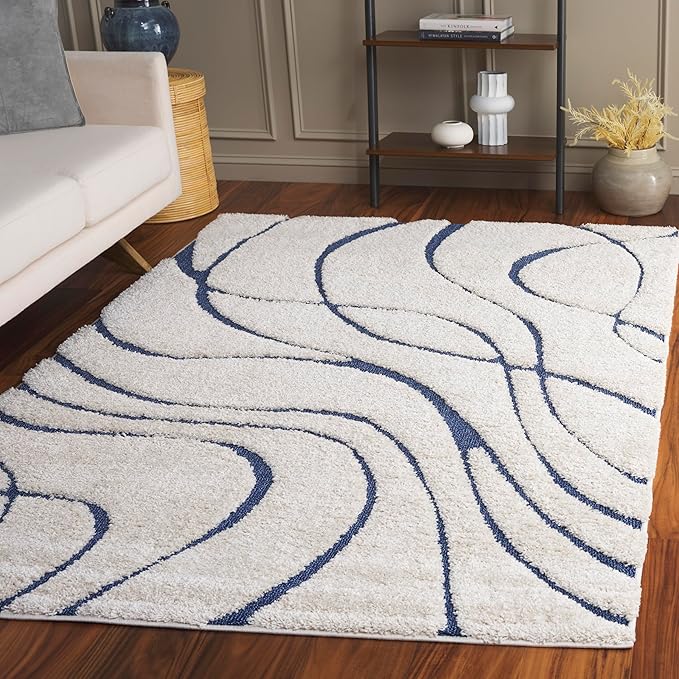 SAFAVIEH Florida Shag Collection Area Rug - 6' x 9', Cream & Blue, Non-Shedding & Easy Care, 1.2-inch Thick Ideal for High Traffic Areas in Living Room, Bedroom (SG471-1165)