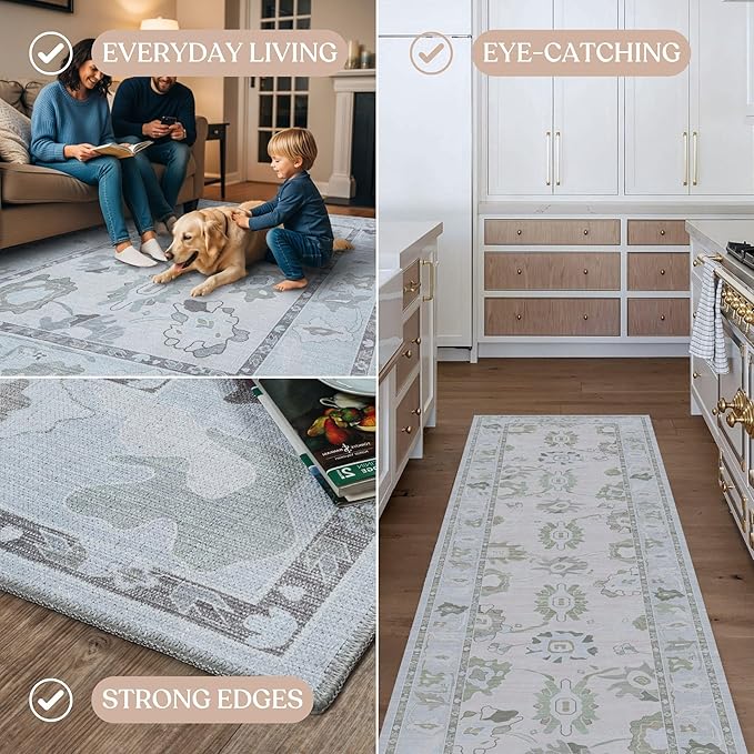 Fame Living Cream Beige Oushak Runner Rug, Modern Runners, Vintage, Turkish, Eclectic, Floral, Pastel, Washable, Runner for Hallway, Kitchen, Bedroom, Bathroom, 2'5"x9'8"