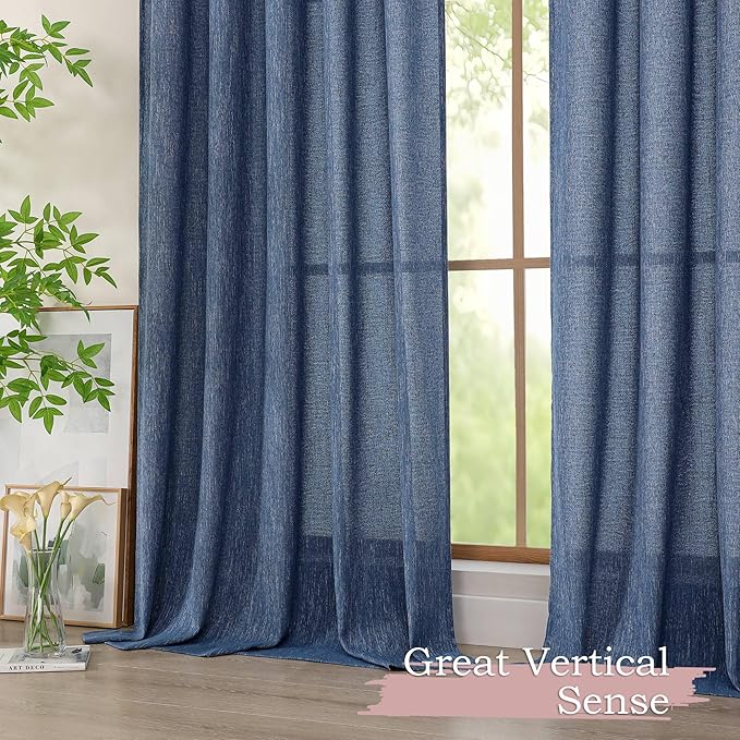 Simplebrand Navy Blue Faux Linen Textured Semi Sheer Curtains 108 Inches Long 2 Panels for Living Room, Privacy Extra Long Light Filtering Farmhouse Thick Window Drapes for Large Window, 50 x 108 Inch
