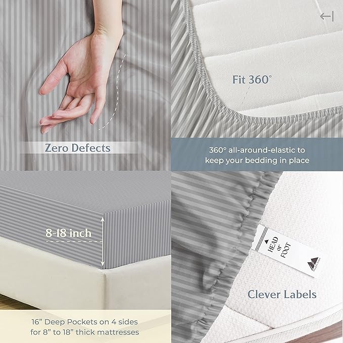 Mayfair Linen 100% Cotton Sheets Set - 500 Thread Count 4 PC Set, Soft, Cooling, Sateen Weave 16" Deep Pocket Bedsheet - 4 PC, California King Light Grey Stripe
