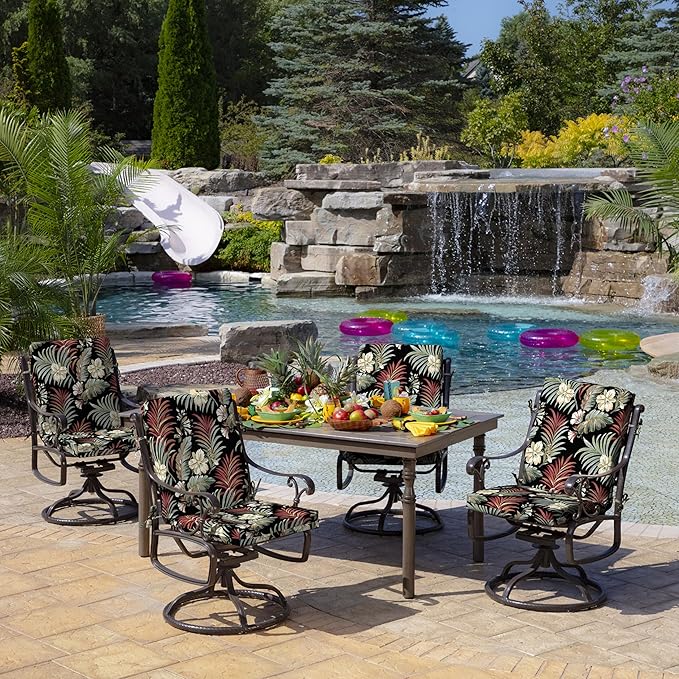 Arden Outdoor Midback Chair Cushion, 18 x 16.5, Rain-Proof, Fade Resistant Simone Black Tropical