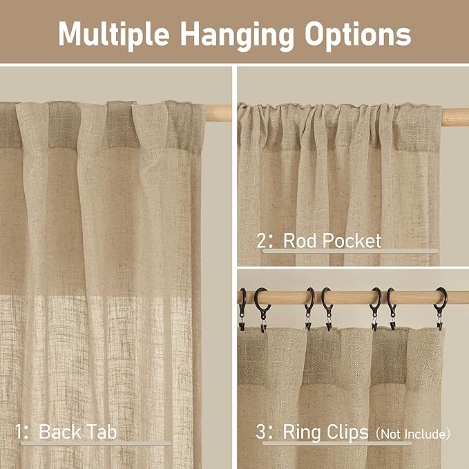 LAMIT Light Filtering Linen Curtains 78 inch for Bedroom, Faux Linen Textured Semi Sheer Back Tab and Rod Pocket Boho Modern Drapes for Living Room/Farmhouse, Brown, 2 Panels, 52 x 78 Inch