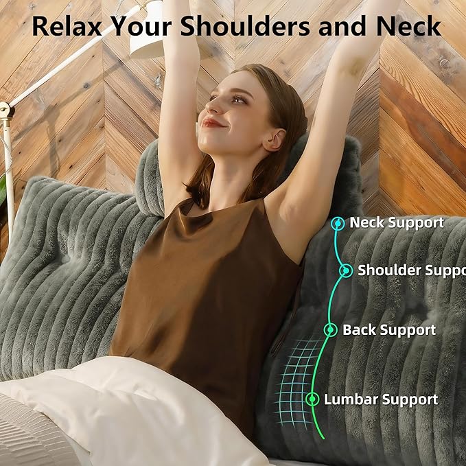 Faux Fur Headboard Pillow King Size, Triangular Wedge Backrest with Removable Head Roll & Side Pocket, Reading Pillow for Bed, Couch, Floor - Ergonomic Support for Neck, Back, Dark Grey