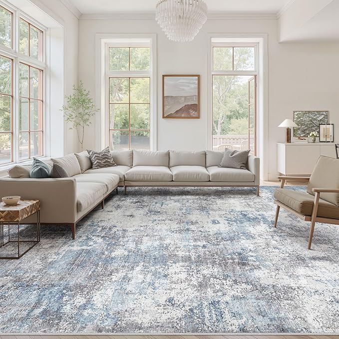 Washable 10X12 Area Rug: Modern Abstract Soft Non-Slip Indoor Rugs - Low Pile Stain Resistant Foldable Rug for Living Room Bedroom Dining Room Playroom Office(Blue Grey,10'x12')