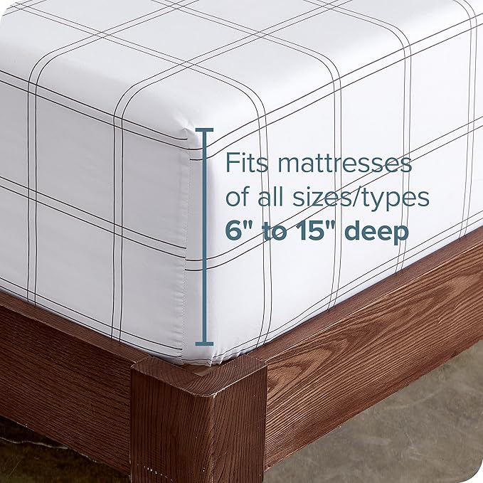 Bare Home Fitted Bottom Sheet Queen Size - Premium 1800 Microfiber - Ultra-Soft Hotel Luxury - Deep Pocket - Durable and Long Lasting (Queen, Modern Plaid - White/Grey)