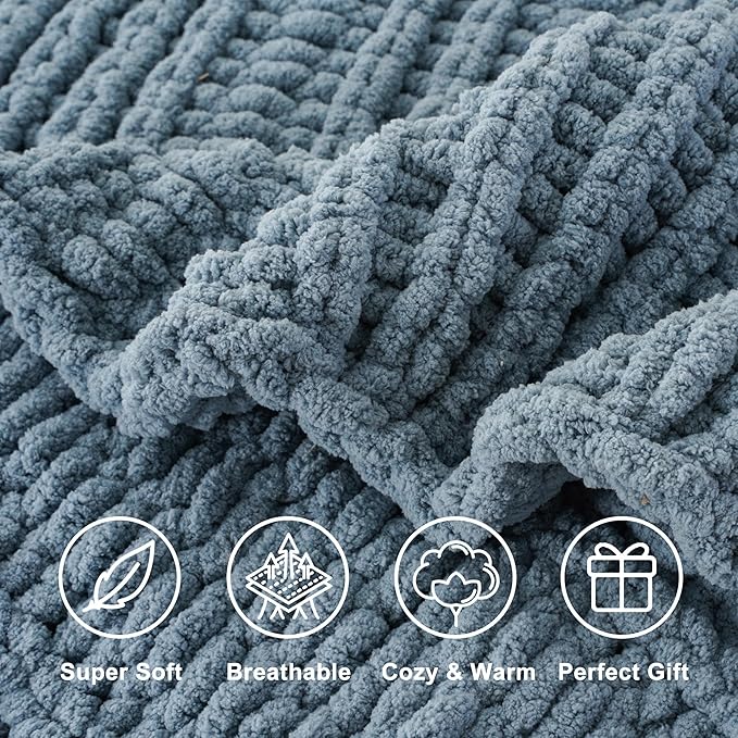 Battilo Bluish Grey Chenille Throw Blanket, Chunky Knit Throw Blanket for Couch, Soft Cozy Warm Cable Knit Blankets for Bed, Sofa, Living Room, 50"x60"