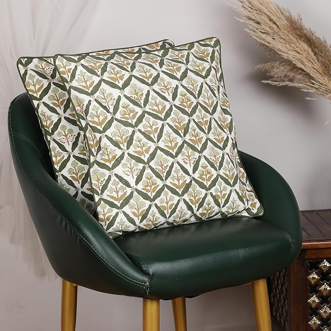 SheetKart Pure Cotton Throw Pillow Covers - Set of 2 - Hand Block Pure Cotton Printed Boho Decorative Pillow Covers - Cushion Covers for Living Room, Bohemian Theme, 19 x 19 Inches, Sagewood Olive